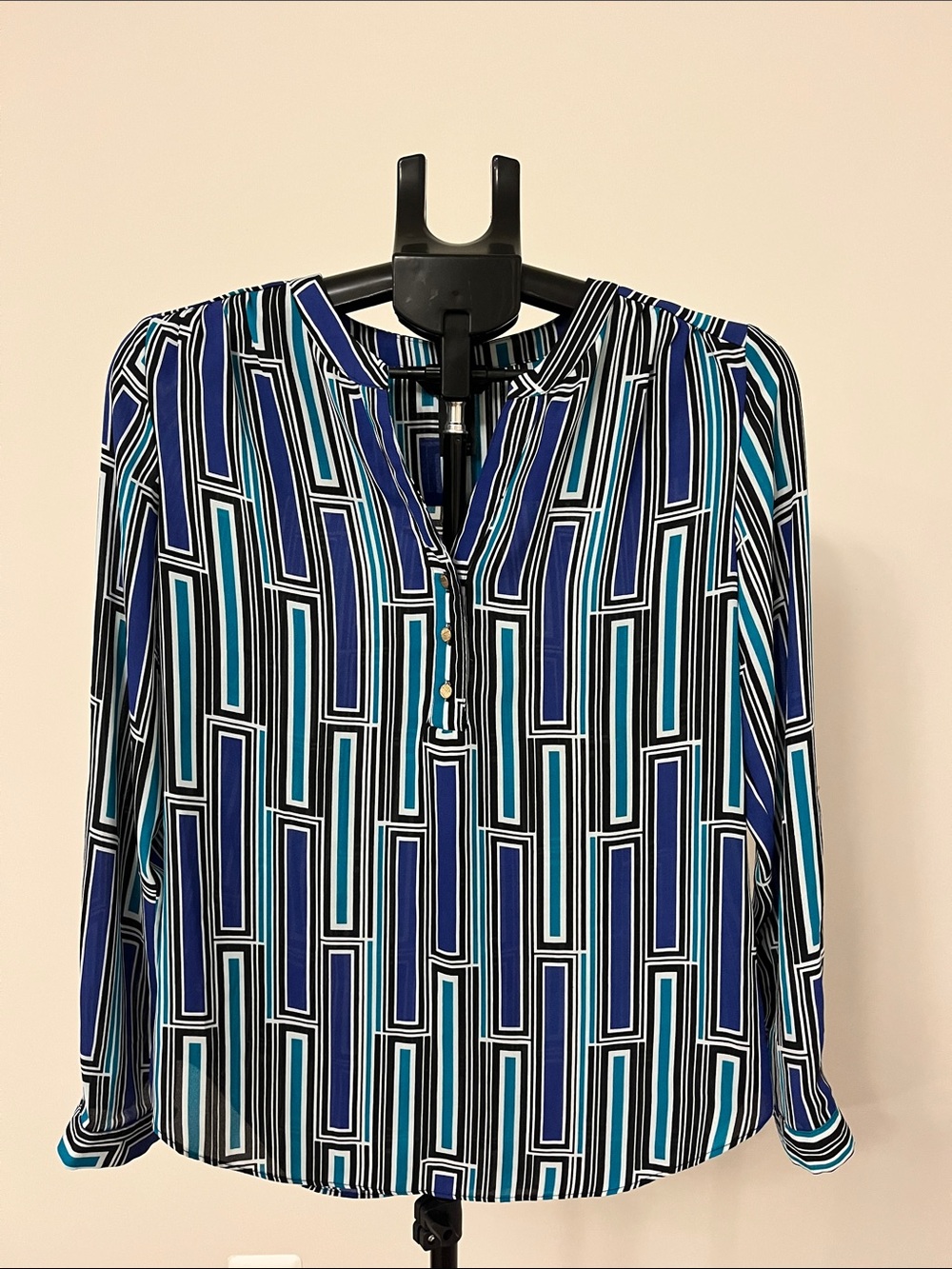 Investments Petite Geometric Stripe Blue Button-Front Women's Blouse